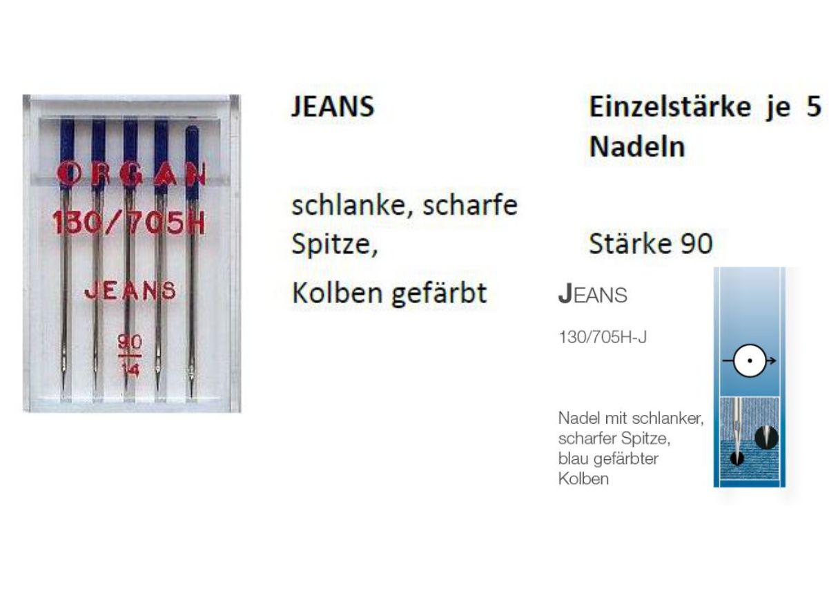 Organ Nähmaschinennadeln 130/705 Jeans Stärke 90+100 5 Stück in der Box sortiert