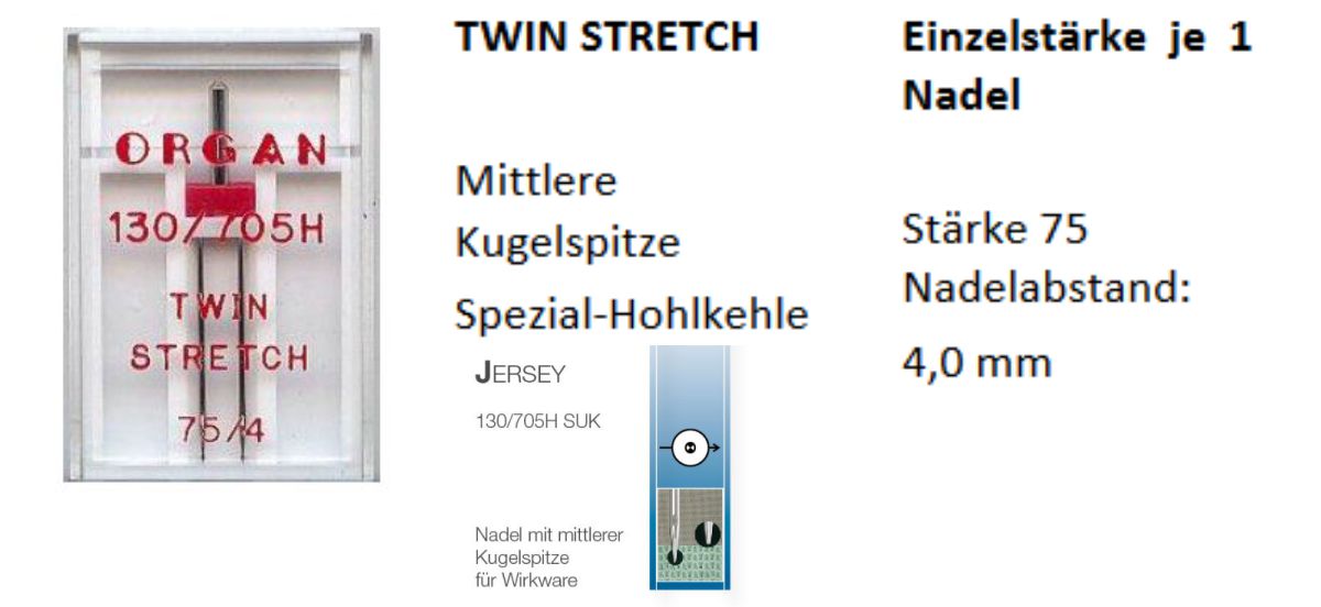 ORGAN Zwillingsnadel 130/705 TwinStretch St 75 Abstand 4mm