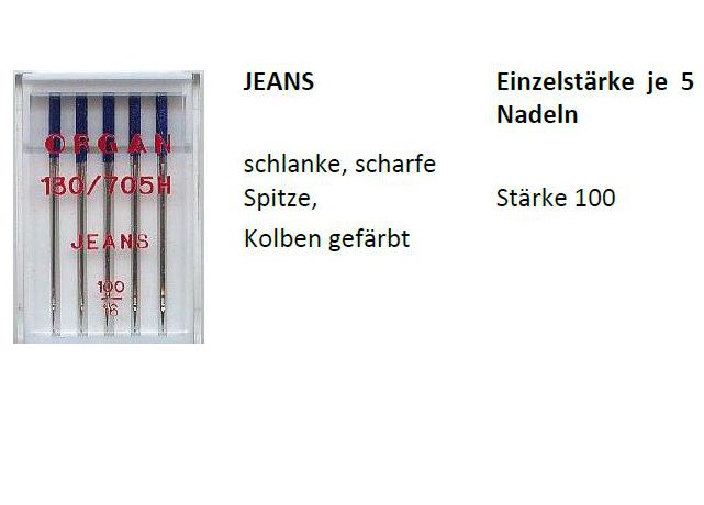 ORGAN Nähmaschinennadeln 130/705 Jeans Stärke 100 5 Stück in der Box